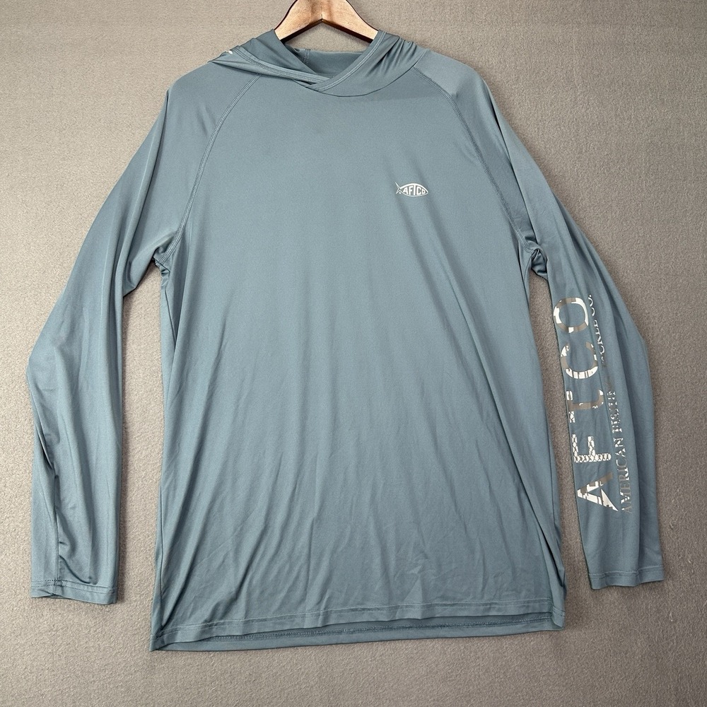 AFTCO Men's Slate Blue L Long Sleeve Hooded Pullover Fishing Polyester Logo
